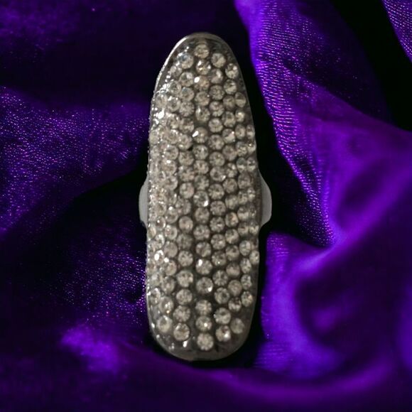 Crystal Rhinestone Knuckle Ring Long Large Gunmetal Clear Statement Sz 9 Chunky. - Picture 15 of 16